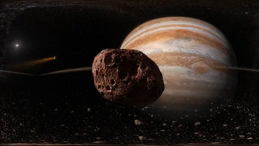 Amalthea Tumbling Above Jupiter